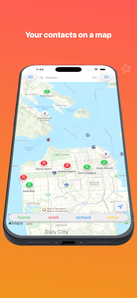 Sidewalk app displaying contact locations as colored pins on a map of San Francisco