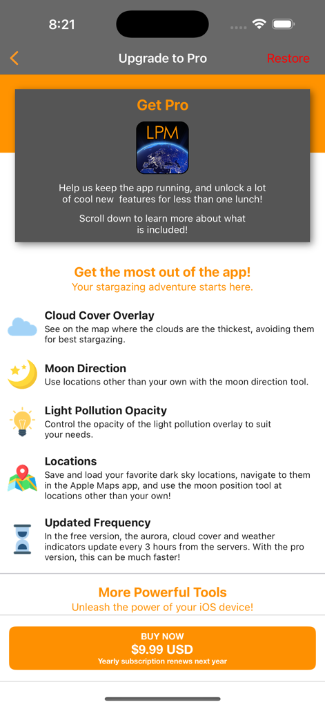 Screenshot of the Light Pollution Map Pro version upgrade screen listing premium features and subscription price