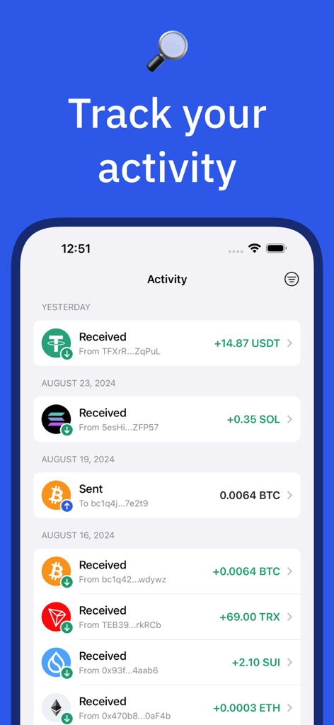 Gem - Crypto & USDT Wallet - Aktivitätsbildschirm der Gem Wallet App, der eine Liste der letzten Multi-Chain-Kryptotransaktionen anzeigt