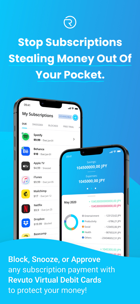 Revuto - Revuto mobile app interface showing a list of active subscriptions and monthly expense tracking