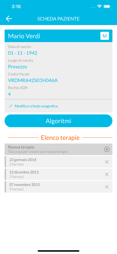 INTERCheck - INTERCheck app interface showing a patient file with personal data and therapy list