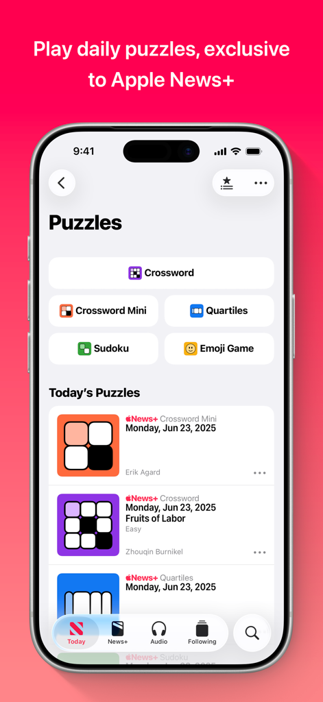 Apple News - Interface of Apple News app showing various daily puzzles including crosswords and sudoku