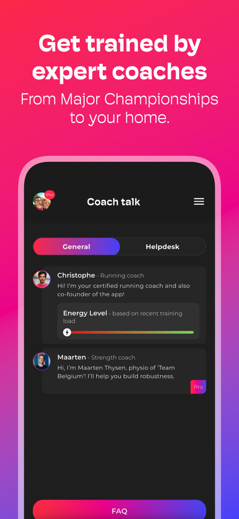Trenara Coach - Running Plans - Trenara App Coach Talk-Oberfläche, die Profile und Ratschläge von erfahrenen Lauf- und Krafttrainern zeigt