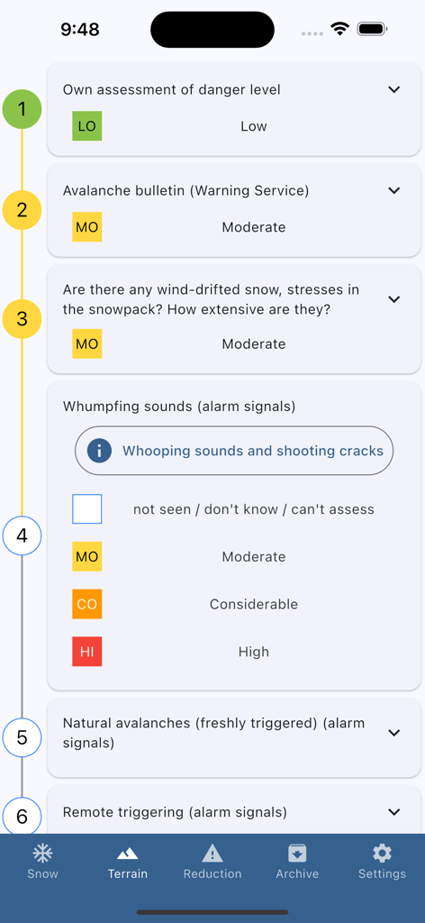 Nivocheck 1.0 - Workflow in Nivocheck app for estimating local avalanche danger level based on Munter method criteria.