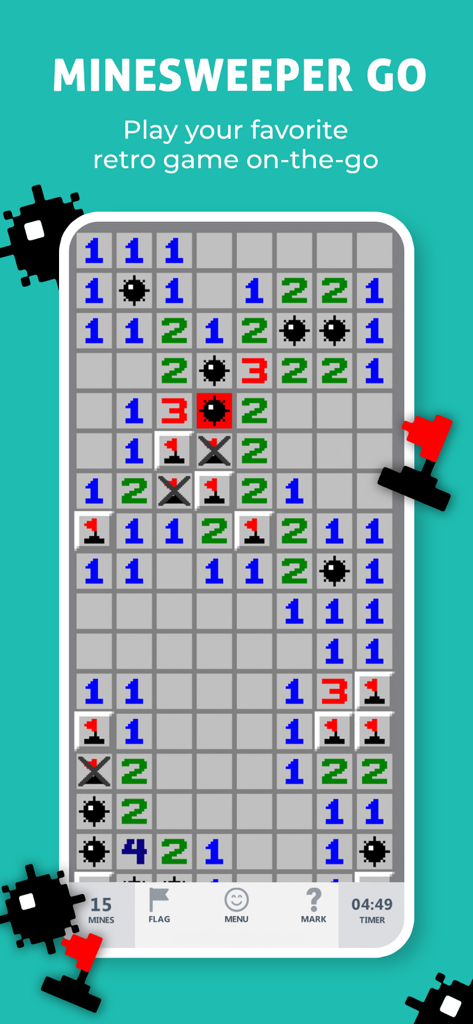 Minesweeper Go retro classic gameplay screenshot showing a grid with numbers flags and mines on a mobile device