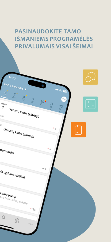 Mobile app interface of TAMO Ismaniems showing a student daily class schedule and academic tools.