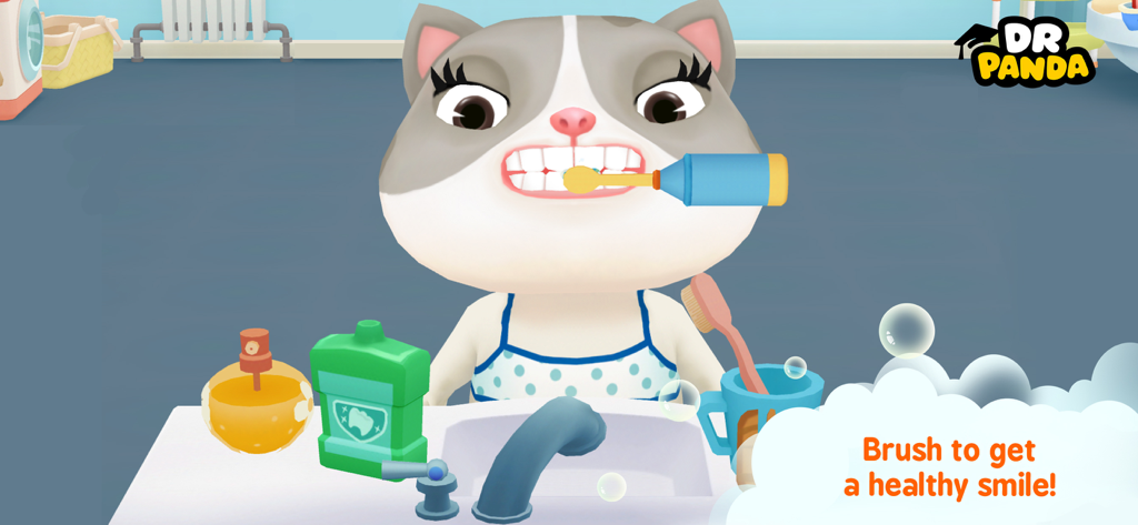 Cartoon cat character brushing its teeth in the Dr. Panda Bath Time app