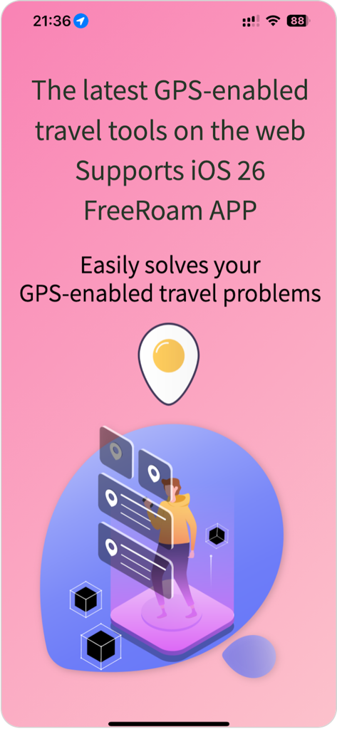 FreeRoam app introduction screen with GPS travel features and a character illustration