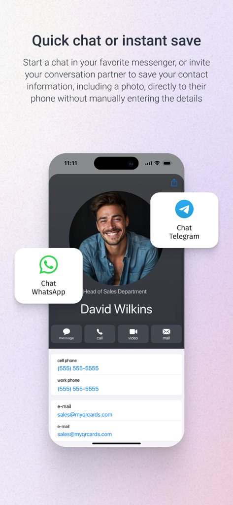 Digital business card with WhatsApp and Telegram chat options in MyQRcards