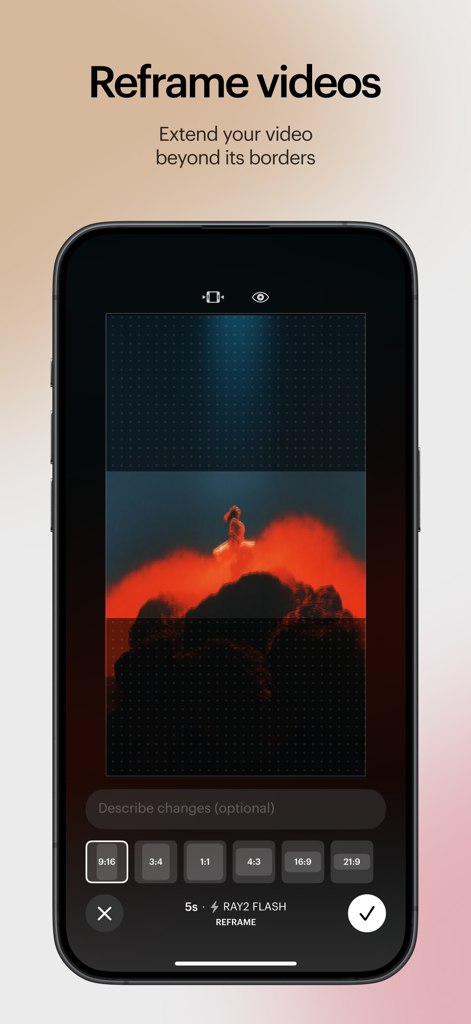 Interfaccia dell'app Luma Dream Machine che mostra la funzione per inquadrare ed estendere i video oltre i loro bordi.