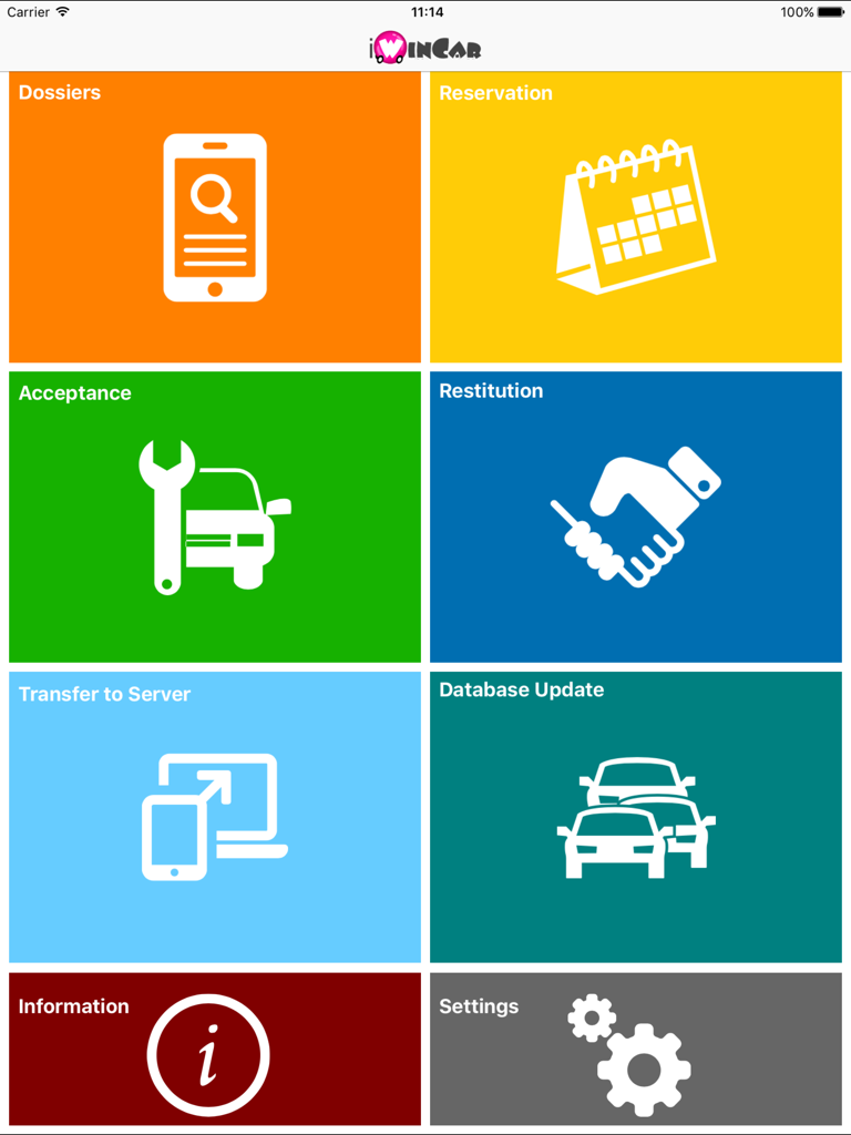 iWinCar - Main dashboard of the iWinCar app featuring navigation tiles for dossiers reservations and vehicle repairs