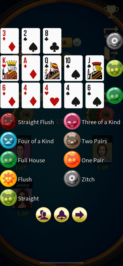 Gameplay screen of Chinese Poker showing cards arranged in hands and a list of scoring ranks.