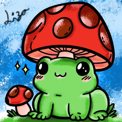 a cute frog with a mushroom hat