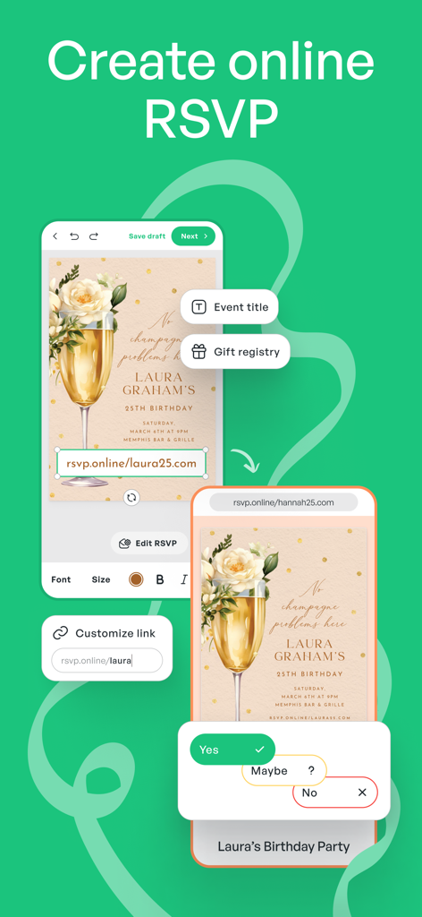 Invitation Maker: Cards & RSVP - Interface showing how to create an online RSVP for a birthday invitation with customized links and gift registry