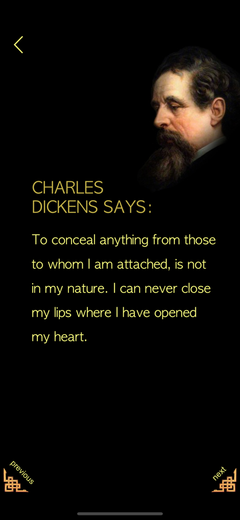 Dickens Books - Mobile app screen displaying a famous quote by Charles Dickens with his portrait on a black background.