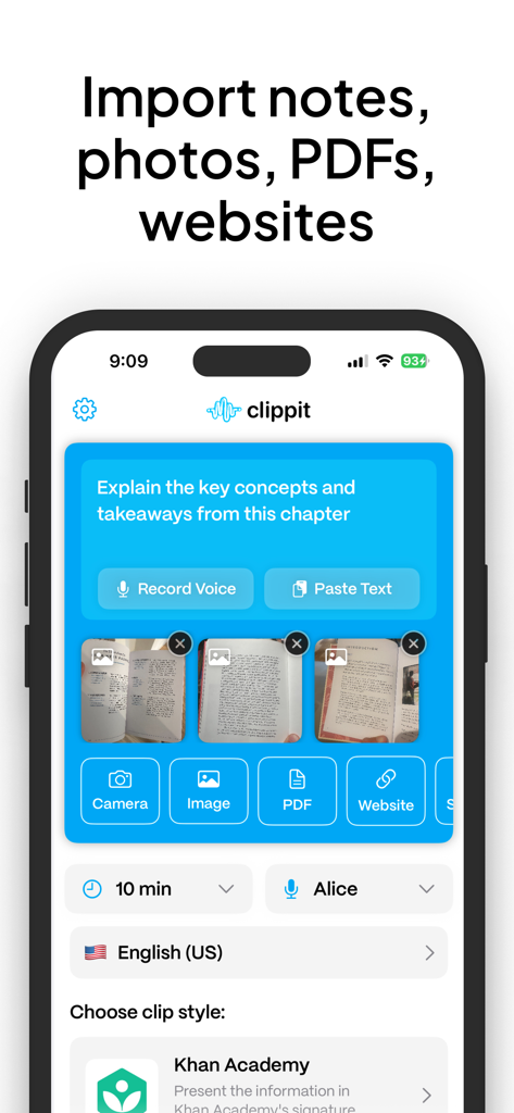 Clippit: AI Text To Speech - Clippit app interface for importing notes photos PDFs and websites to convert into AI audio podcasts