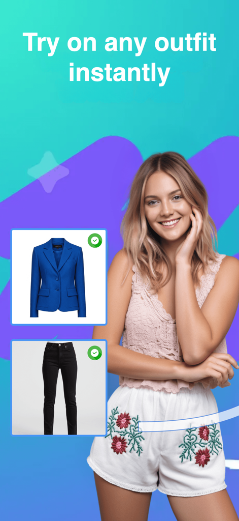 Uma jovem usando um aplicativo de IA para experimentar virtualmente um blazer azul e calças pretas