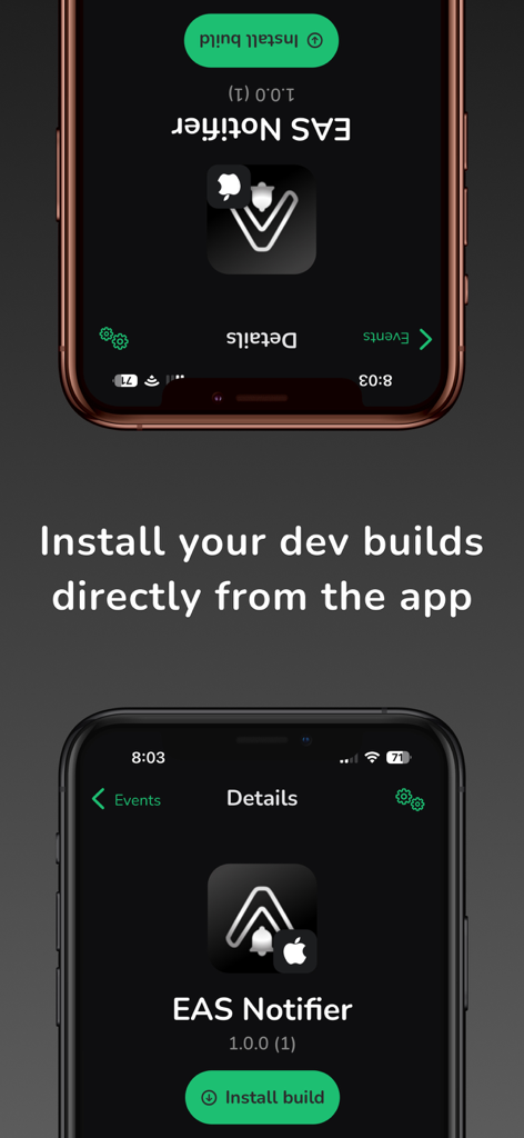 EAS Notifier - Interface of EAS Notifier app showing the feature to install development builds directly on a mobile device