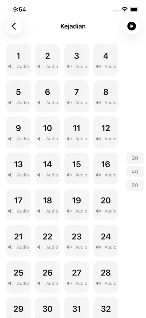 A grid of numbered chapters for the Book of Genesis in the Malaysia Bible app featuring audio play icons.