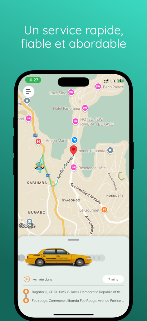 Yutto - Mobile interface of the Yutto app showing a taxi booking map with real time tracking and arrival time