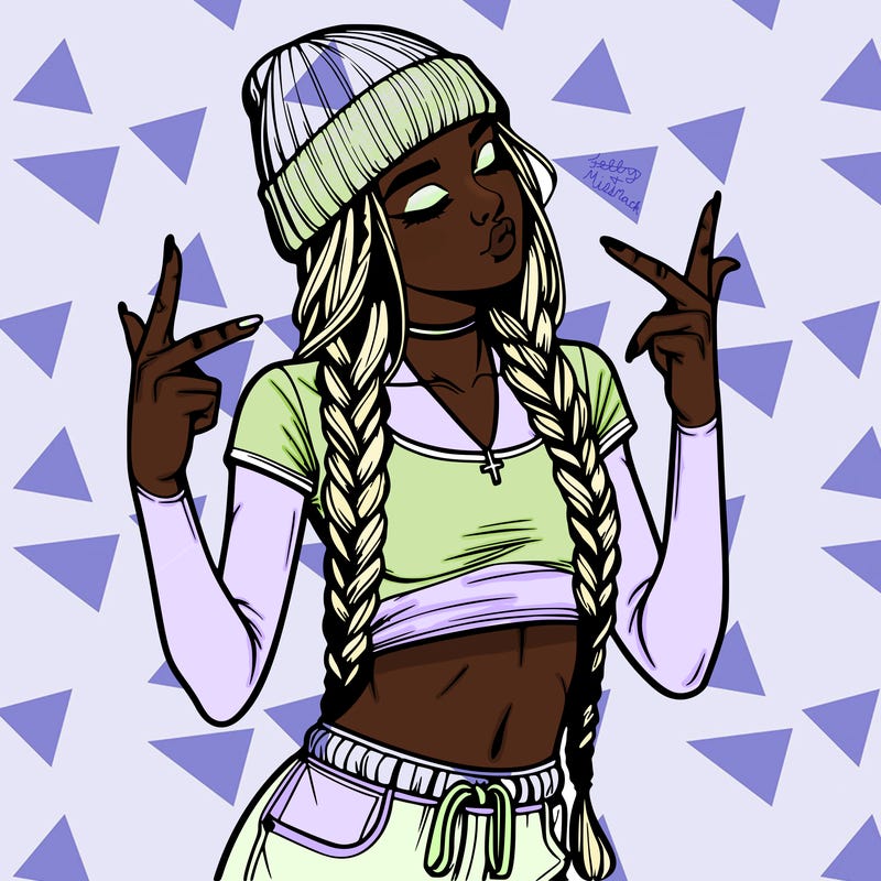 realistic teenage girl with braids and a beanie and crop top doing 🫶🏼