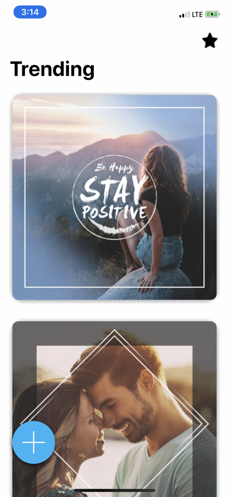 InstaStory: Featured Templates - Una pantalla de aplicación móvil que muestra plantillas de edición de fotos de tendencia con marcos estéticos y citas positivas