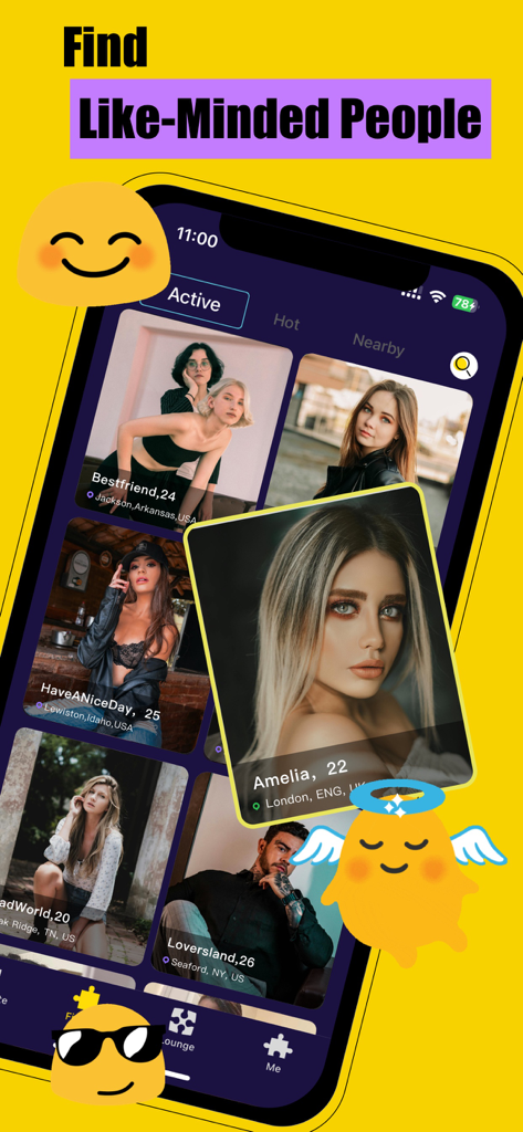 Una interfaz móvil de la app Rizz mostrando varios perfiles de usuario bajo la pestaña activa para encontrar personas afines