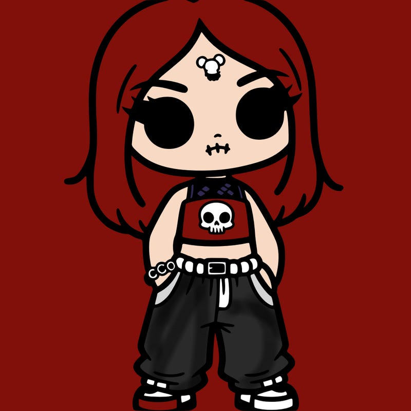 a relestice girl with a crop top with a skull on it with some baggy pants
