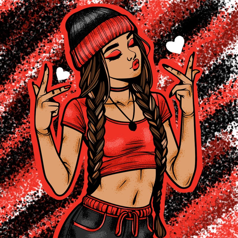 realistic teenage girl with braids and a beanie and crop top doing 🫶🏼