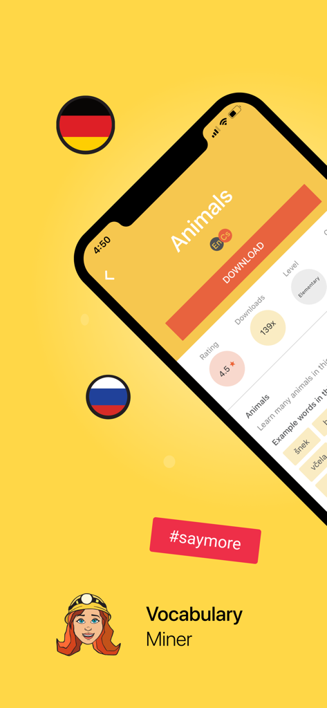 Vocabulary Miner - Vocabulary Miner app screen showing a downloadable animals word list with rating and level details