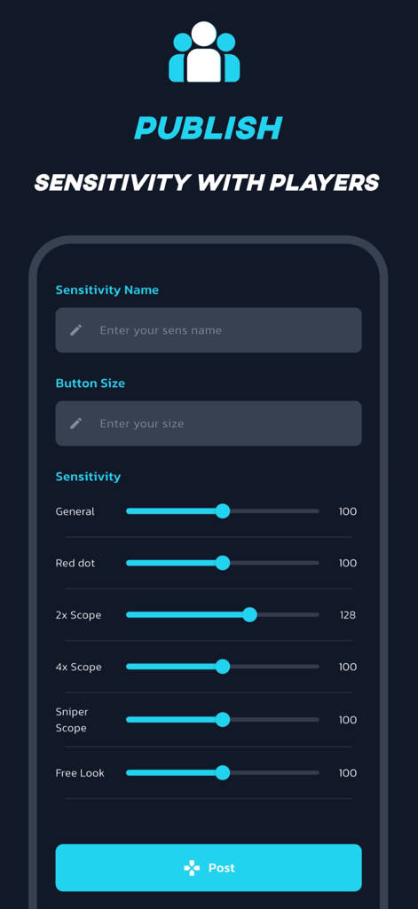 Sensi Elite - Interfaz de la aplicación Sensi Elite que muestra la pantalla de configuración de sensibilidad de publicación para juegos móviles