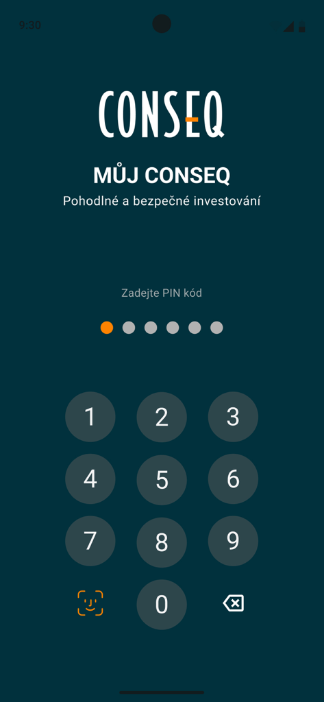 Tela de login segura para o aplicativo My Conseq mostrando um teclado numérico PIN e ícone de autenticação biométrica.
