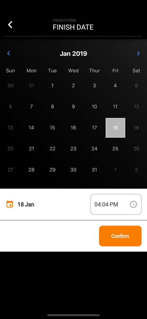 Calendar view in MechanicDesk Mobile app for selecting a job finish date and time.
