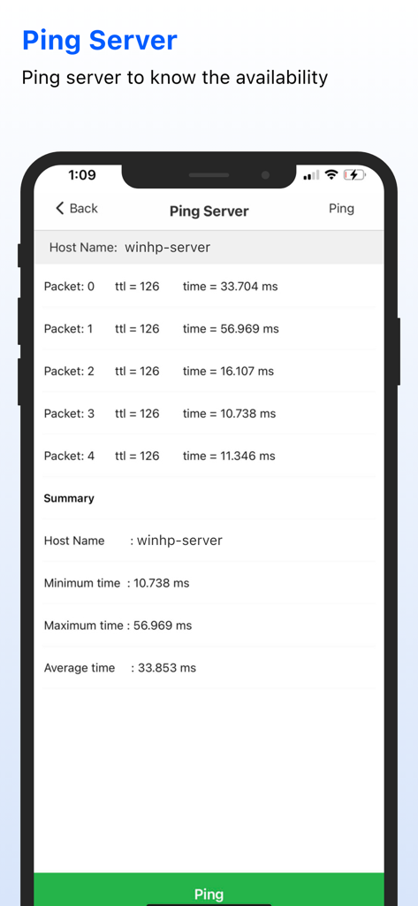 Windows Service Monitor App zeigt Server-Ping-Ergebnisse und Antwortzeiten an.