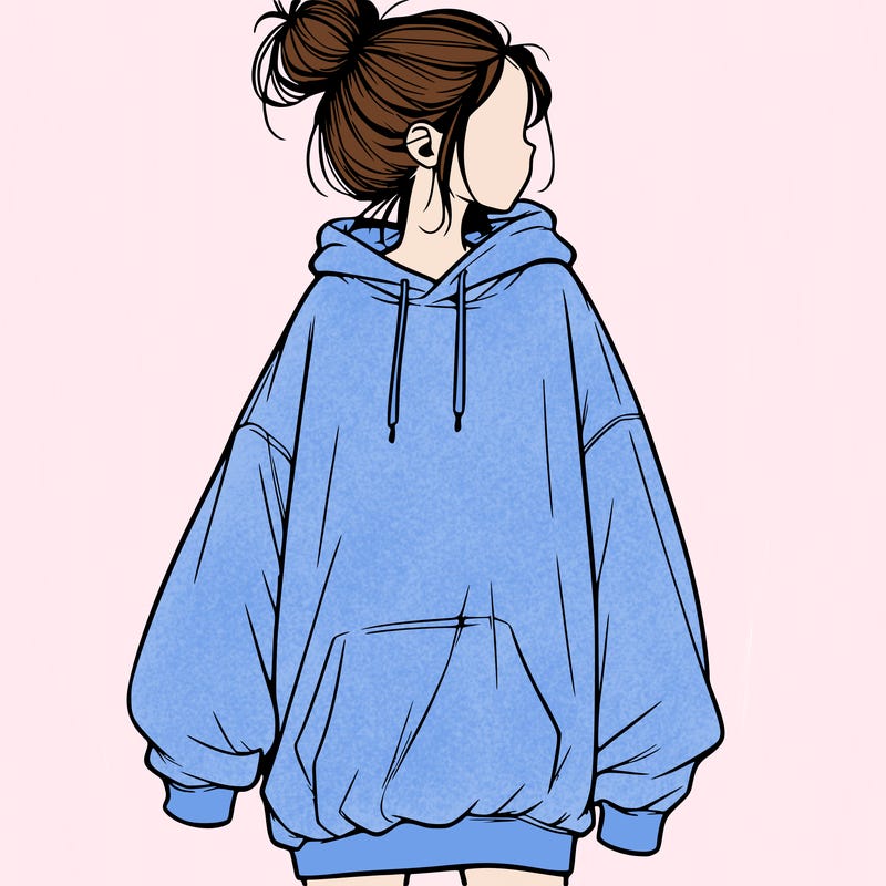 realistic girl with a oversized sweatshirt on and a bun