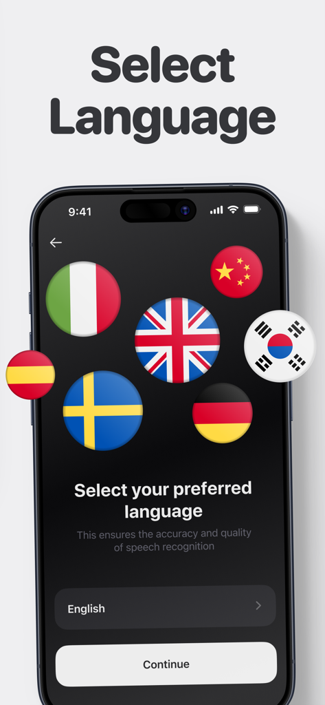 様々な国際的な国旗アイコンが表示されたボイスレコーディングアプリの言語選択インターフェースを表示するスマートフォン画面。