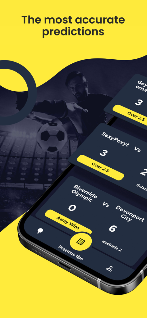 Gonzo Tips - Interface de l'application mobile Gonzo Tips montrant des prédictions de paris sur le football précises et des résultats historiques sur un iPhone.