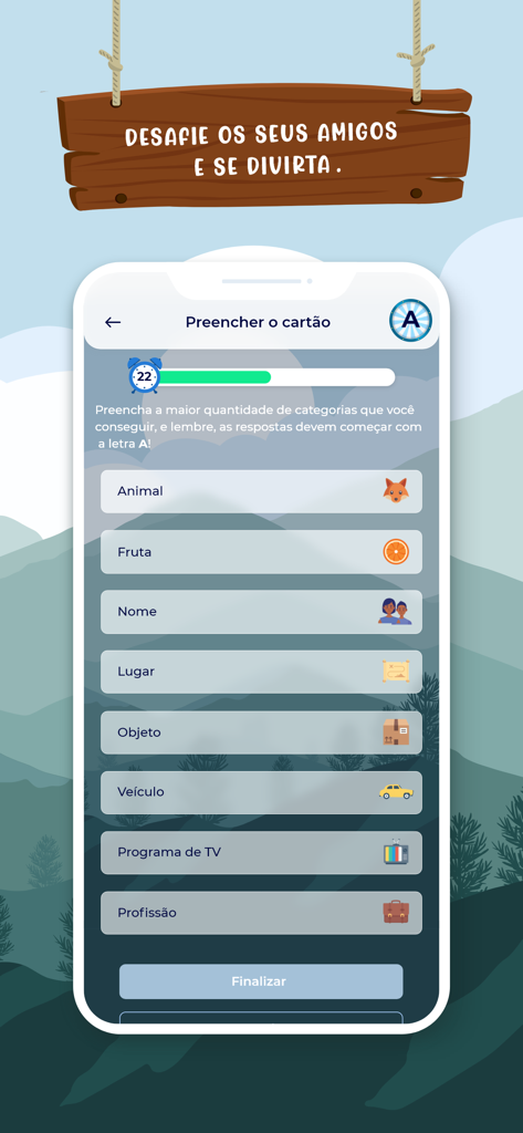 Jogo Stop - Adedonha - Captura de tela do aplicativo móvel Jogo Stop Adedonha mostrando uma lista de categorias de palavras para a letra A com um cronômetro