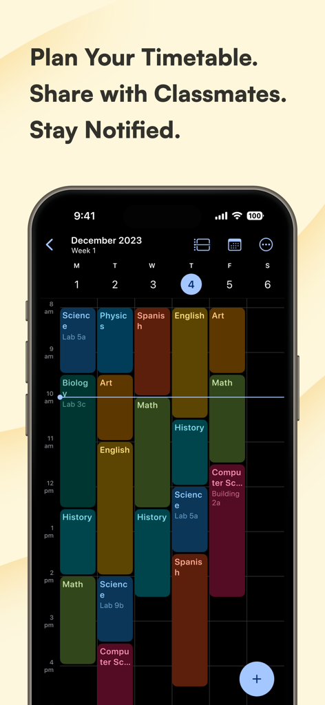 School Planner & Timetable - A color coded school timetable showing a weekly schedule on a smartphone