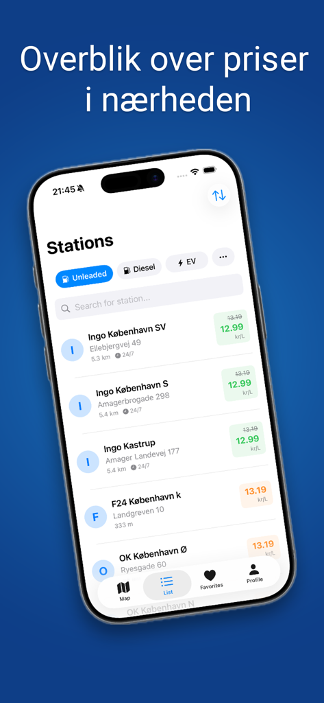 A list of nearby gas station fuel prices in Denmark shown on the TankBilligt app interface.