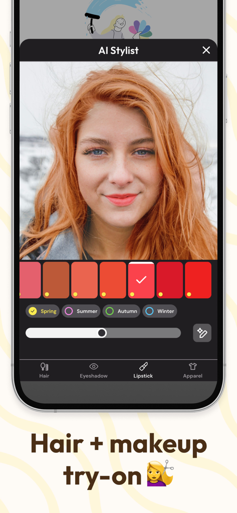 Vivaldi Color Analysis - Interfaz del Estilista IA de la aplicación Vivaldi que muestra una función de prueba virtual de cabello y maquillaje con una paleta de colores de temporada.