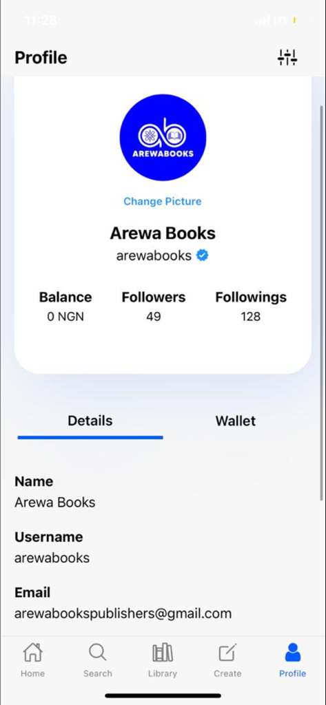 ArewaBooks - La pagina del profilo utente dell'app mobile ArewaBooks che mostra statistiche dell'account come follower e saldo del portafoglio