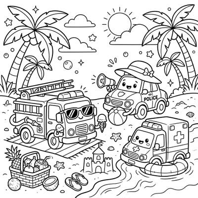 Get ready for a sunny adventure with our emergency vehicles as they enjoy a relaxing summer vacation on the beach. This delightful coloring page combines the excitement of rescue vehicles with the laid-back charm of a seaside escape, perfect for a creative break.