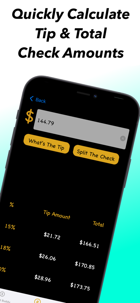 Money Buddy Expense Tracker - Money Buddy app tip calculator interface showing tip percentages and total check amounts