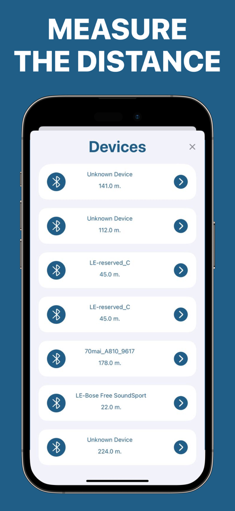 Pantalla de smartphone mostrando la lista de dispositivos de la aplicación Find Air con mediciones de distancia para artículos Bluetooth