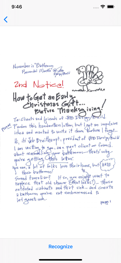 手書きOCRアプリのiPhoneスクリーンショット。認識ボタン付きの手書き文字を表示しています。