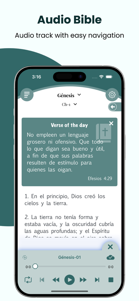 Pantalla del móvil mostrando la app de la Biblia NTV en Español con audio y controles de reproducción.