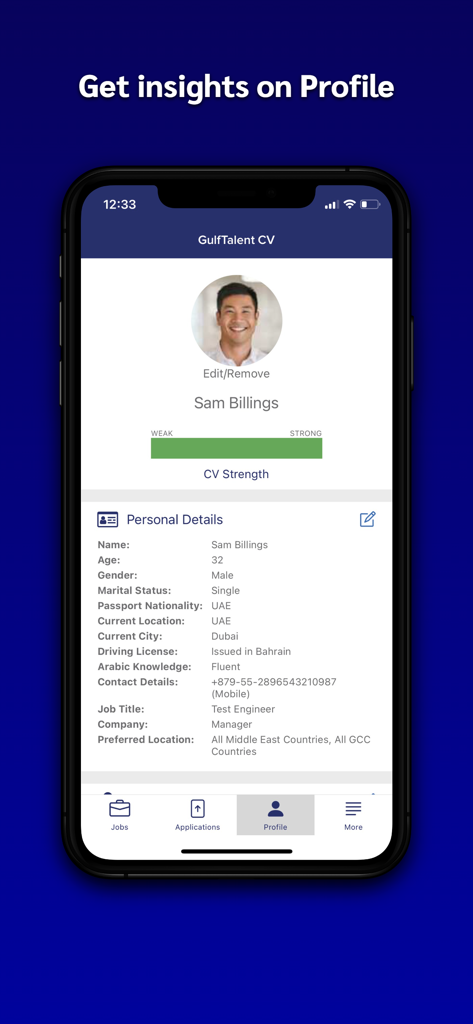 Interface of the GulfTalent app showing a user profile with CV strength and personal details
