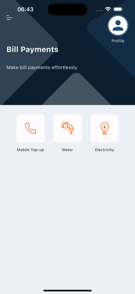 Bloom Bank Mobile - Bloom Bank Mobile app interface showing options for utility bill payments like electricity water and mobile top-up