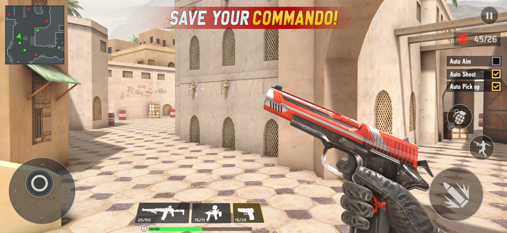 First person shooter gameplay in a desert town environment featuring a red and black pistol